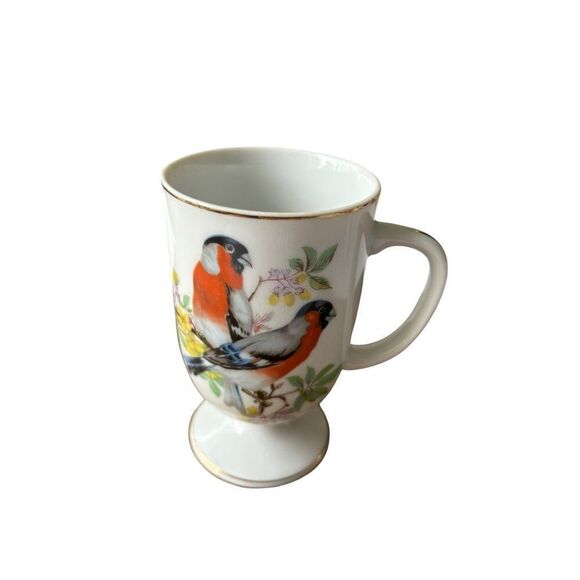 Vintage Bone China Mug With Bird Design 5" Tall White & Gold Accents - Picture 1 of 6
